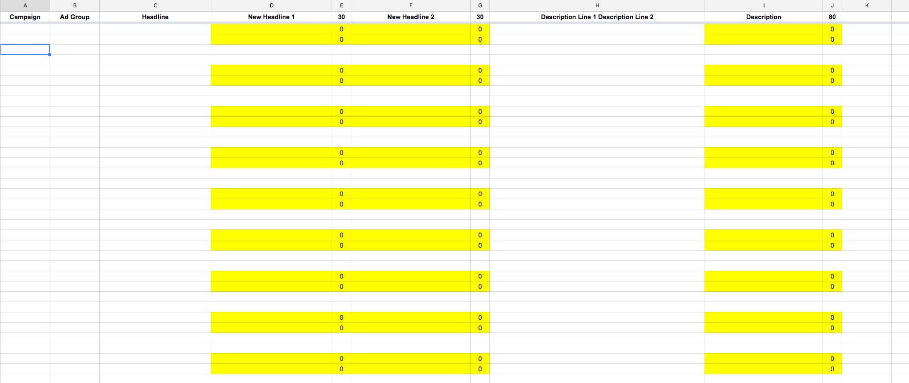 Column Spreadsheet Setup