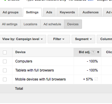 -100% bid adjustments on tablets and desktop devices