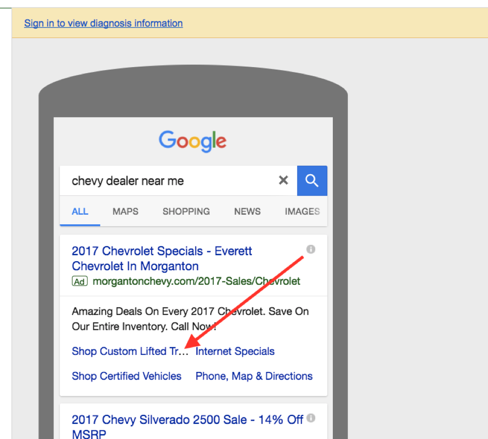 Example of truncation with a search of "chevy dealer near me" entered