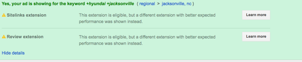 Example of an ad extension explanation