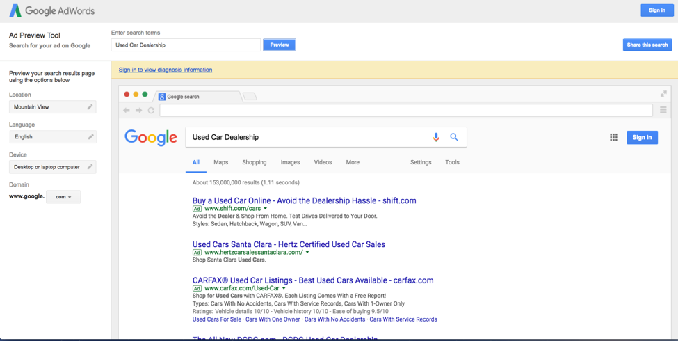 View of Ad Preview Tool for "Used Car Dealership"