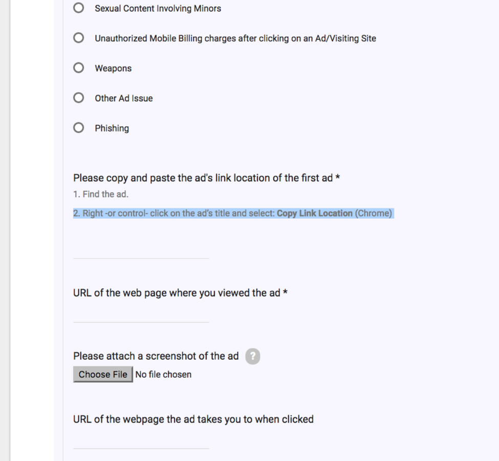 Feedback form for Google AdWords to leave comments and make complaints