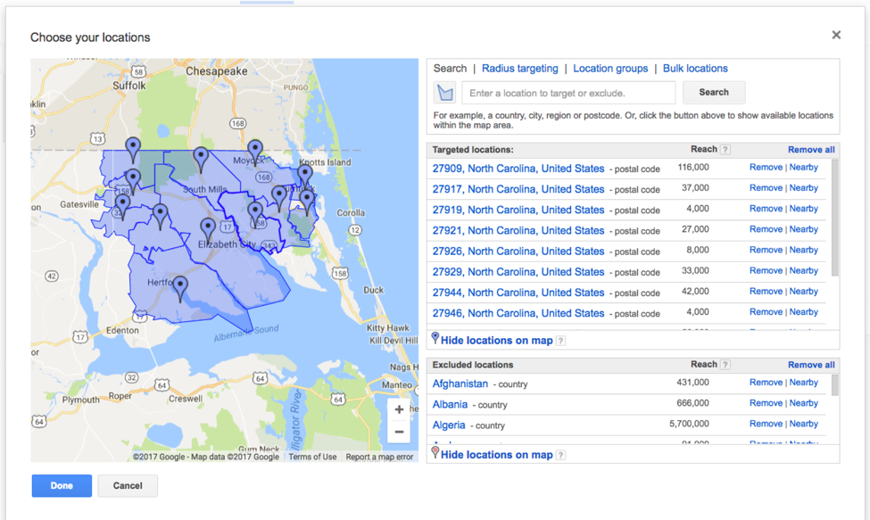 A google map example of ad placement in North Carolina