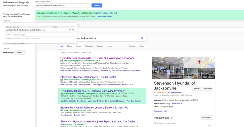 Changing a location setting from the main ad preview page