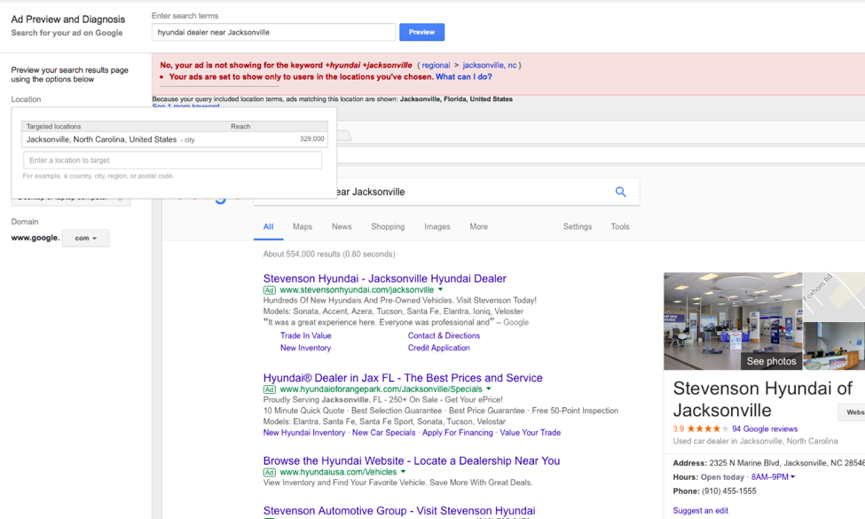 An ad preview and diagnosis interface for a dealership search in Jacksonville, NC