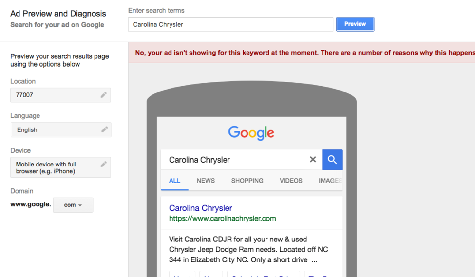 Example of a negative result for a paid search ad