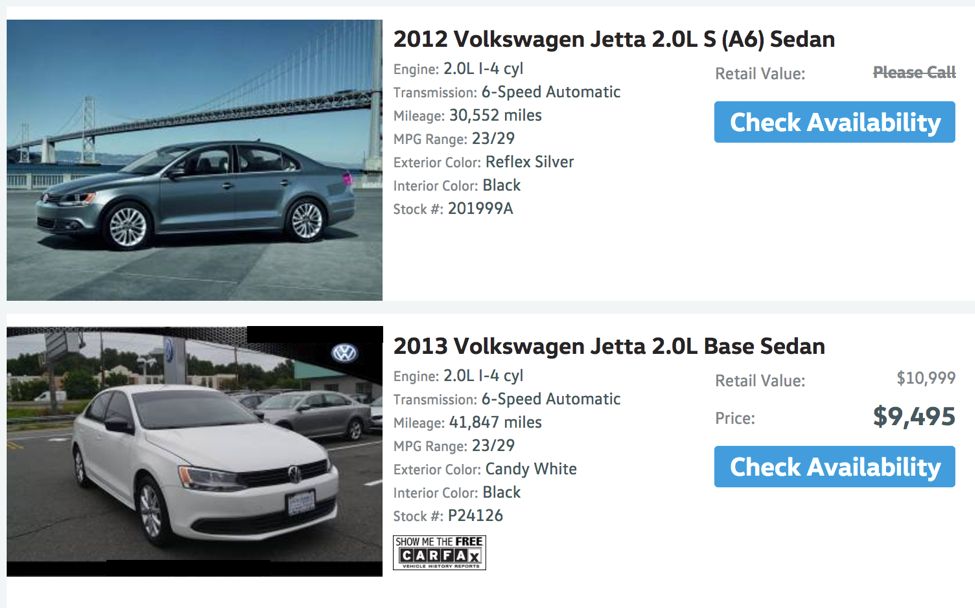 Two vehicle listings: one has more information for consumers