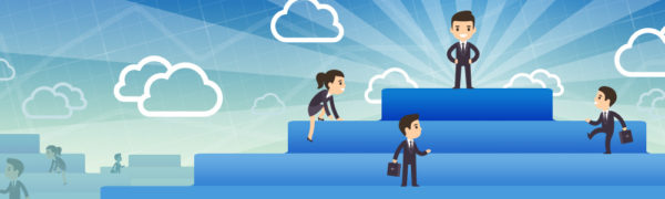 Cartoon characters assisting each other up a pyramid