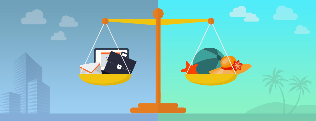 A scale with different weights on the levers: one for work and one for home